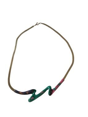 Vintage Gold-Tone Enamel Wave Necklace in Pink, Teal & purple